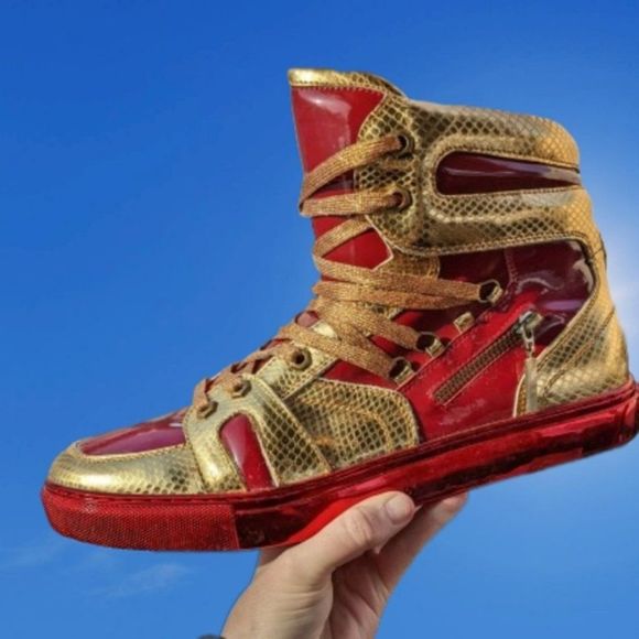 Bright Red Shiny Gold Shoes Runners Sneakers - Picture 1 of 4